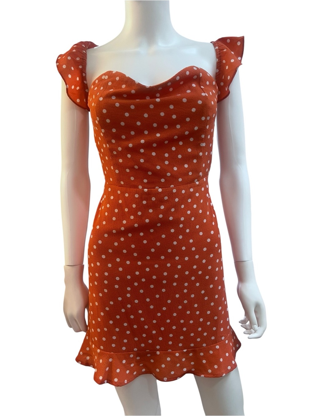 Sage Orange Polka Dot Sweetheart Mini Dress. Size L. Summer/ Boho/ Ruffles.